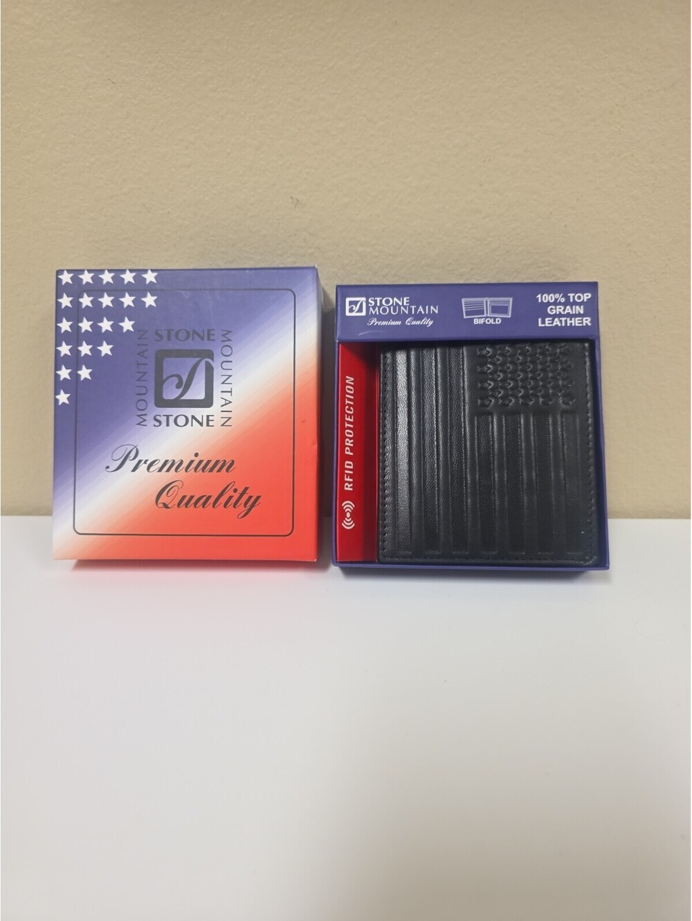 NEW STONE MOUNTAIN BLACK TOP GRAIN LEATHER,U.S. FLAG,Tri-FOLD RFID MEN WALLET